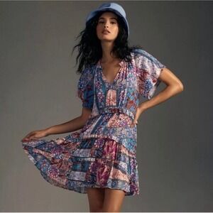 Anthropologie Robin mauve tiered ruffle‎ floral patchwork dress. Size Lp